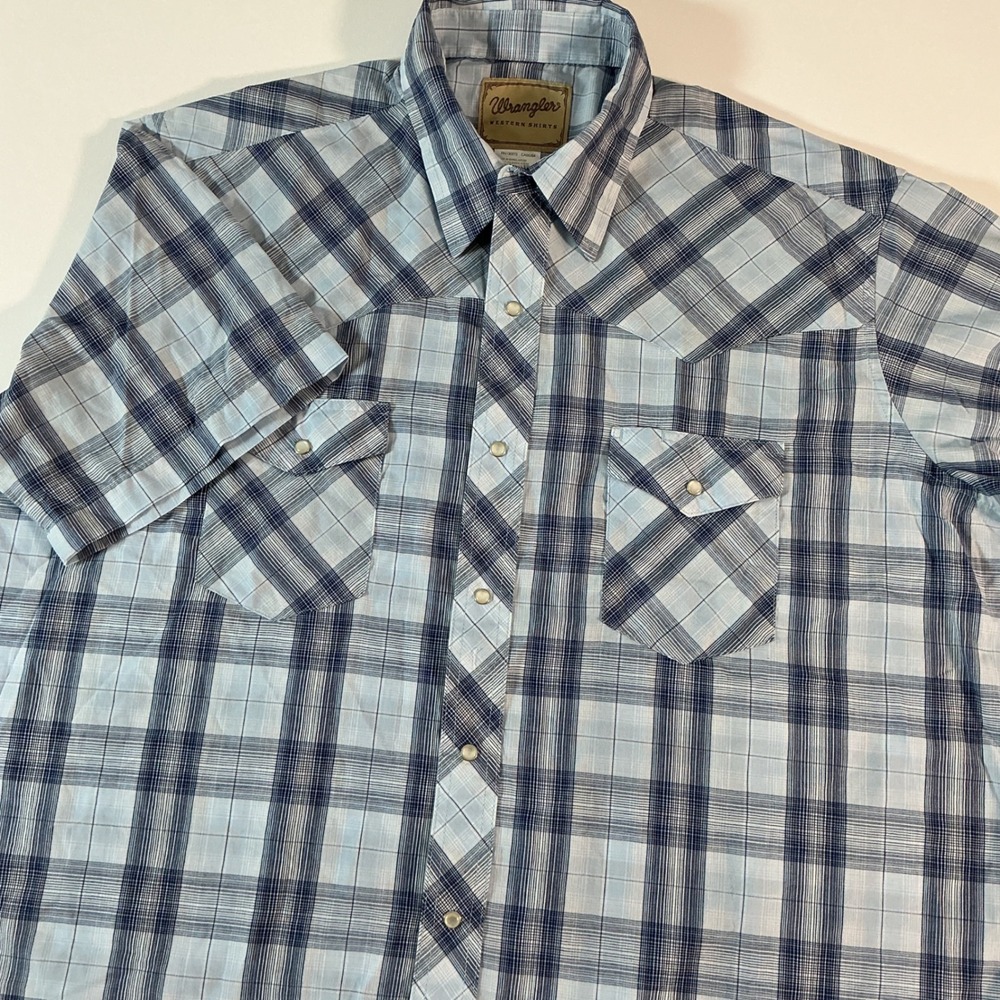 Wrangler Western Short Sleeve Plaid Pearl Snap Men's Shirt Blue Gray Size 2XL